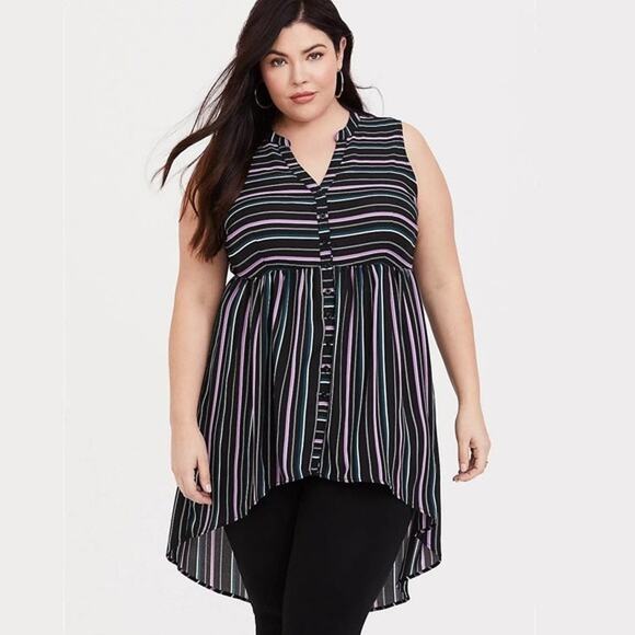 Torrid Womens Tank 00 M 10 Lexie Stripe Georgette Tunic Black Forest Green White - Picture 1 of 9